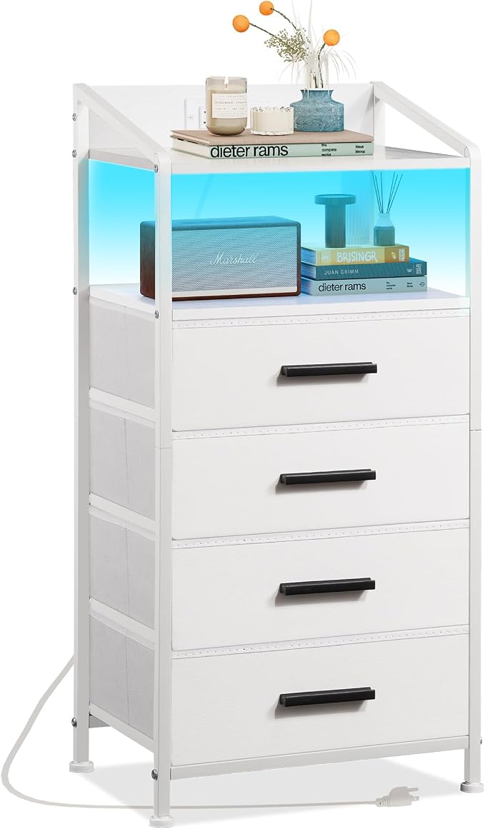 Nightstand 4 Drawer Dresser with LED Lights and Charging Station, Vertical Side Table with Fabric Drawers, End Table with Open Shelf, Tall Dresser for Bedroom, Hallway, Entryway, White by EKNKOZY