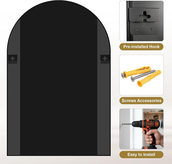 AMOISE Arched Bathroom Mirror, 40" x 30" Black Metal Frame Vanity Wall Mirror, Shatterproof Accent Mirror for Bedroom, Entryway and Living Room - Image 8