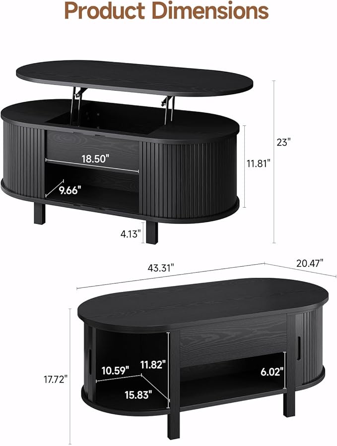 ONBRILL 43.3" Oval Lift Top Coffee Table with Hidden Compartment, Fluted Wood Coffee Table with Sliding Door, Mid-Century Modern Lift Tabletop Dining Table for Living Room, Home Office, Black
