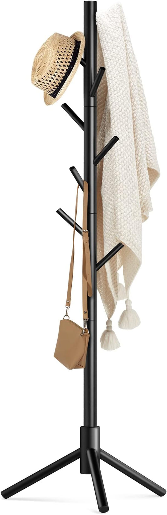 Haddockway Wooden Coat Rack Stand with 8 Hooks New Zealand Pine 3 Adjustable Coat Standing Tree Easy Assembly for Coats, Hats, Scarves and Handbags for Entryway, Hallway, Bedroom, Office by Haddockway