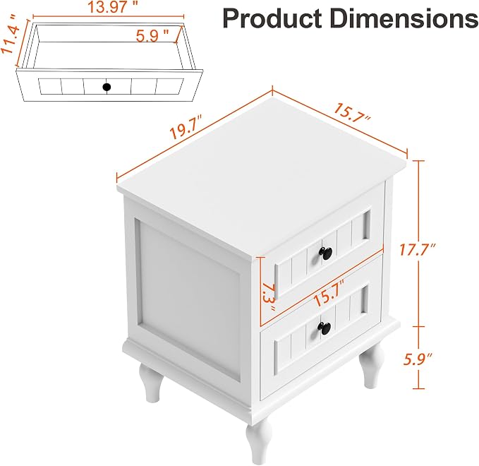 Scurrty Vintage Nightstand, Antique Style End Table with 2 Drawers, Taller Nightstand for Bedroom, Side Table for Bedroom (White, Single) - Image 3