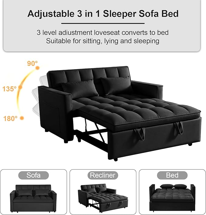 3 in 1 Pull Out Sofa Bed, 52.75" Sleeper Sofa Bed with 3-Level Adjustable Backrest, Velvet Fabric Loveseat Sleeper Couch for Living Room & Bedroom & Apartment & Dorm Furniture, Black