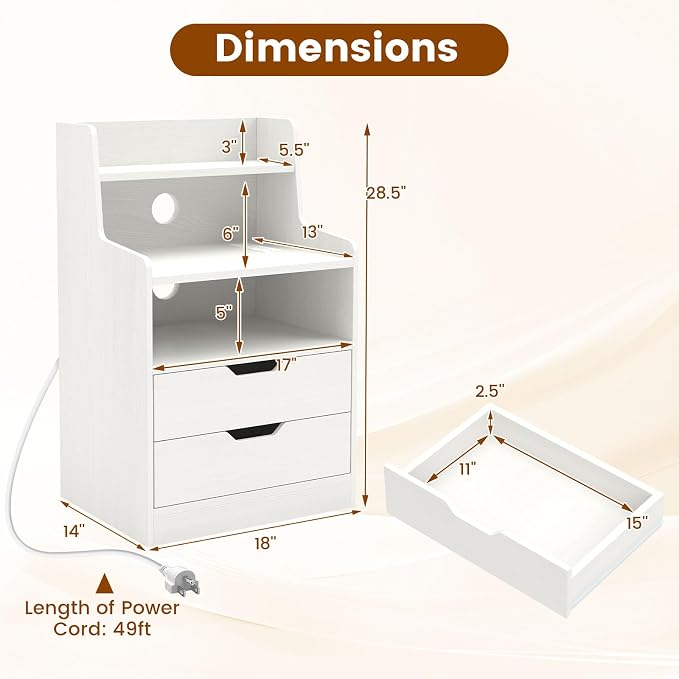 KOMFOTT Nightstand with Charging Station & LED Lights, Smart Night Stand with Hutch & Remote, Modern Side End Table with 2 Storage Drawers for Bedroom Dorm (White,1) - Image 3