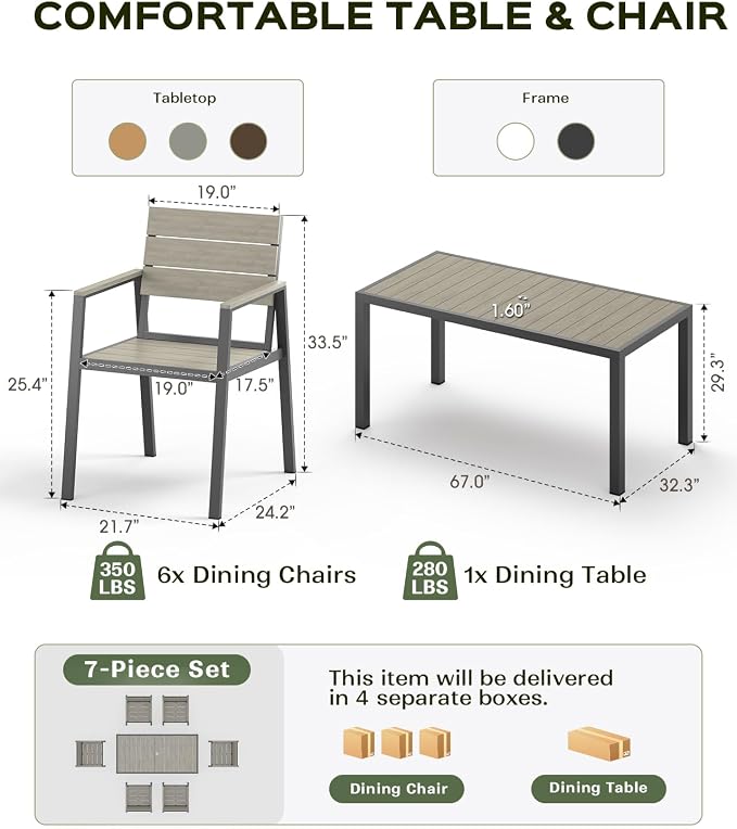 Vexwalx 67" HDPS Outdoor Patio Dining Table, Aluminum-Edged Outdoor Dining Table with Umbrella Hole, Weather-Resistant for Lawn, Garden, Poolside and Indoor Use, Gray - Image 4
