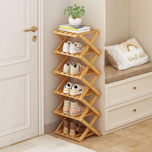 Foldable Shoe Rack, Bamboo Vertical Shoe Organizer Tall for Small Spaces. Multifunctional Narrow Shoe Shelf for Entryway, Closet, Corner, Bedroom, Hallway, Wood Color 6 Layers by XZXWZX