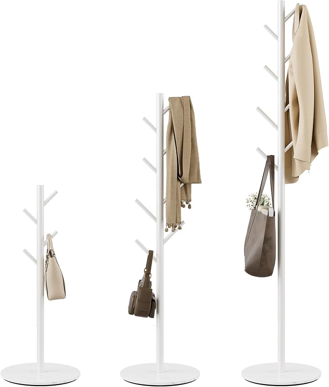 Coat Rack with 8 Hooks, 3 Adjustable Heights, Modern Hall Tree, Sturdy Metal Clothes Stand with Sintered Stone Base for Entryway, Office, Bedroom, for Coats, Hats, Handbags and Scarves, White by Unknown