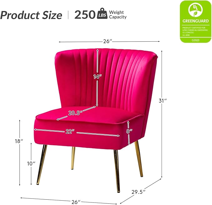 HULALA Home Velvet Accent Chair Set of 2, Modern Armless Upholstered Side Chair with Glam Gold Metal Legs for Vanity Living Room Bedroom - Fuchsia