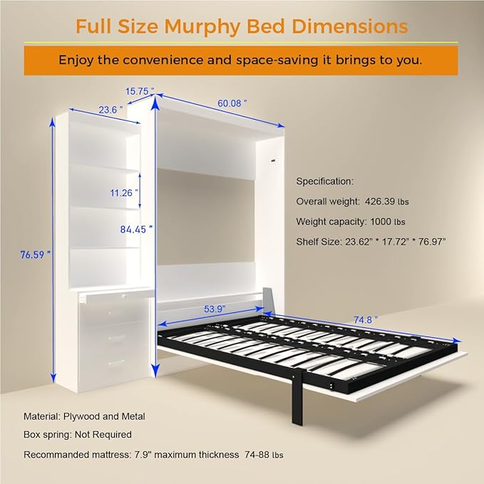 Full Size Murphy Bed Cabinet with Shelf and Drawers, Plywood Hidden Beds,Wall Bedframe for Bedroom,Space-Saving, Noise Free, White