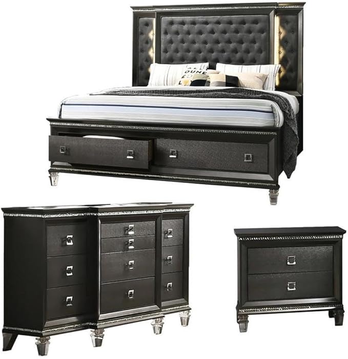 Best Quality Furniture Lavish 3 Piece Gray Bedroom Set with Light up Headboard in California King