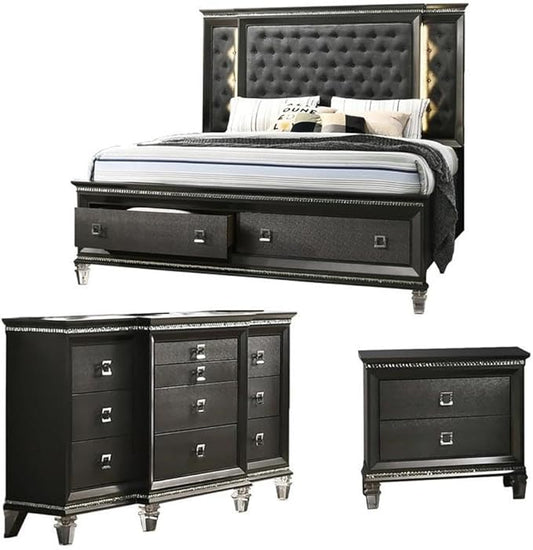Best Quality Furniture Lavish 3 Piece Gray Bedroom Set with Light up Headboard in California King