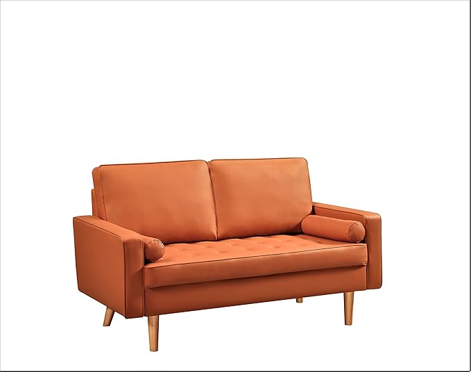 Container Furniture Faux Leather Sofa for The Modern Living Room with Removable Cushions and Solid Wood Legs, Luxury Style Button-Tufted Loveseat, 58" Wide, Red Orange