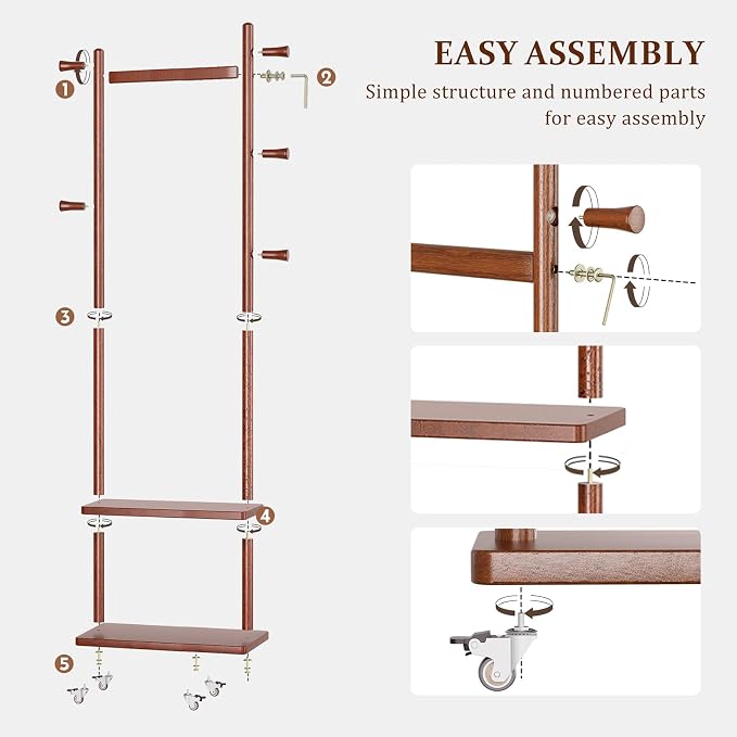 Taitiy Coat Rack Freestanding Clothing Rack with Wheels & 2 Shelves Storage & 5 Hooks Heavy Duty Clothes Rack Wood Coat Tree Stand Hat Hanger Rack for Corner Bedroom Entryway Living Room Hotel Size L - Image 7