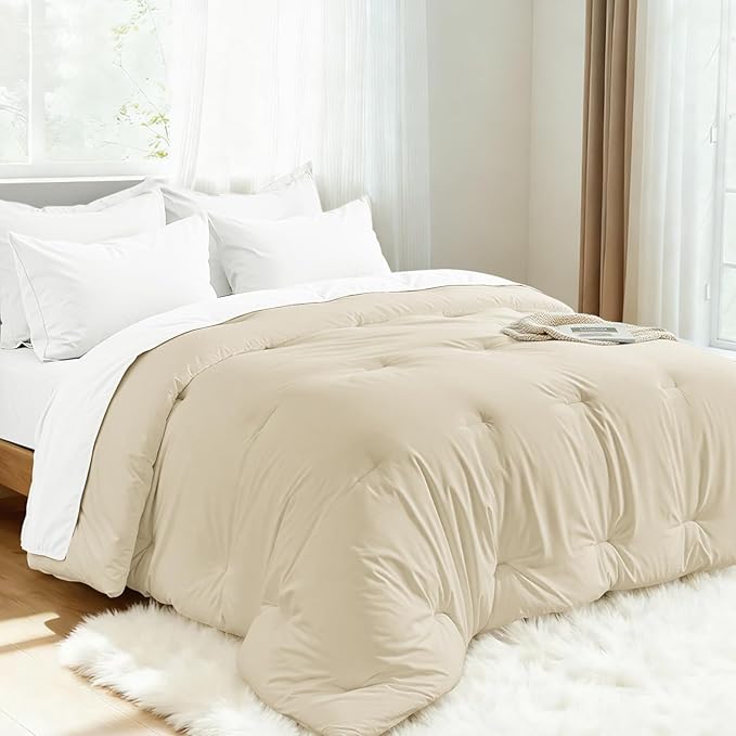 Comforters Full Size, All Season Quilted Bed Comforter, Ultra-Soft Down Alternative Duvet Insert with 4 Tabs, Lightweight Bedding Blanket - Machine Washable, Beige