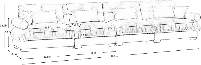 KEIKI 166" Oversized Velvet Modular Sectional Sofa with High-Density Foam Cushion and Bolstered Armrests, Upholstered Modern Style 4-Seater Cloud Couch with 6 Pillow, for Apartment, Living Room, Camel