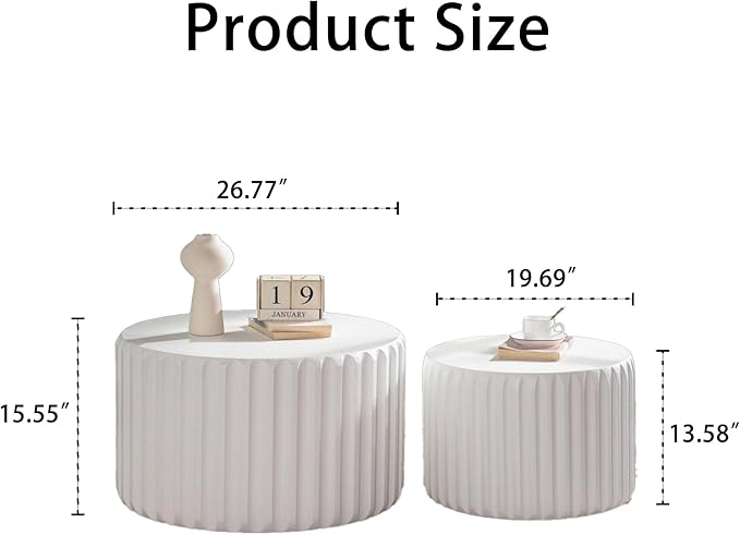 kevinplus 46.46'' White Round Coffee Table Set of 2, Modern Circle Fluted Drum Nesting Elegnant Coffee Table for Living Room, No Assembly, White