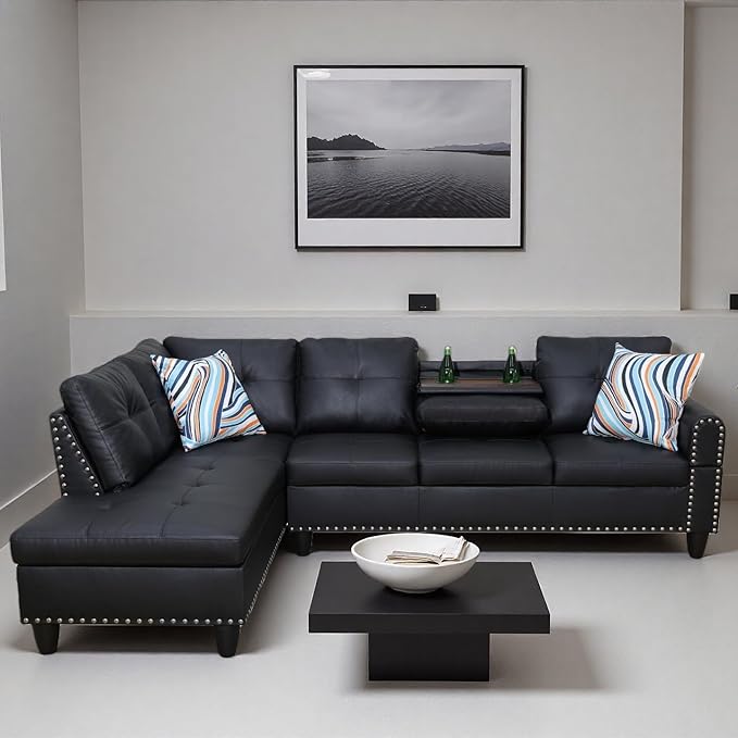 L Shape Sectional Couch with Chaise, 97.5 Inch Modular Sofa with Cup Holders, Sectional Couches for Living Room, Ergonomic Reclined Backrest, for Office and Small Apartment, Black