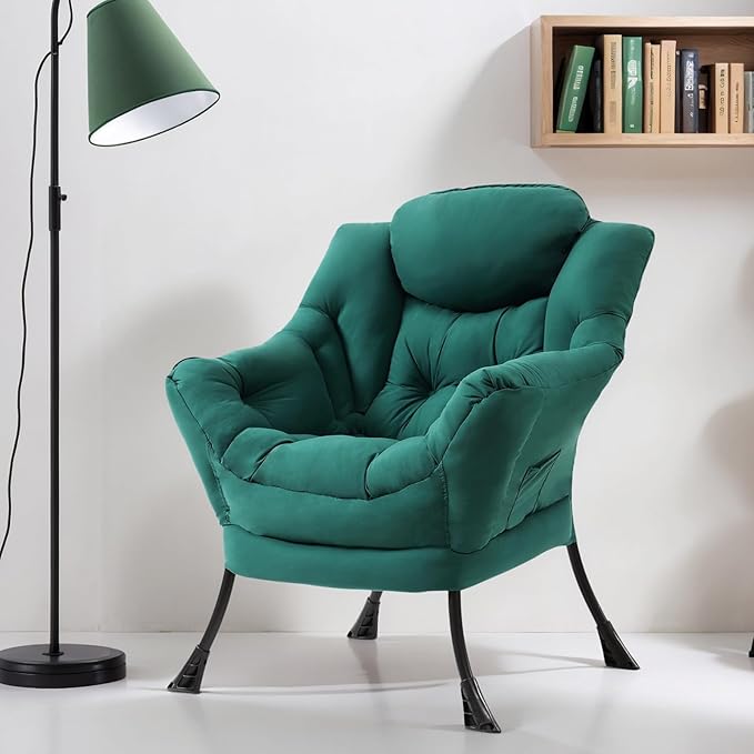 Furlide Lazy Chair for Living Room, Modern Accent Chairs with Armrests, Dark Green Armchairs with Side Pocket, Cozy Lazy Sofa for Reading, Balcony, Bedroom, Dorm, Small Spaces