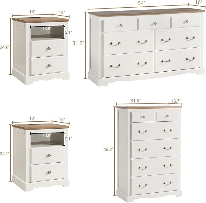 AMERLIFE 5 Pieces Farmhouse Bedroom Sets Includes King Size Farmhouse Bed Frame with 52.2" Headboard, 7 Drawers Dresser, 6 Drawer Tall Dresser, Two Nightstands with Charging Station, White
