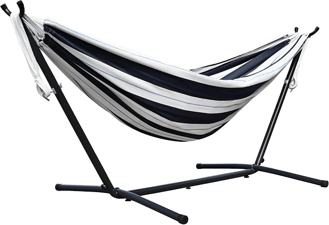 Vivere Double Sunbrella Hammock with Space-Saving Steel Stand, Heavy-Duty Portable Outdoor Hammock Set for Backyard, Patio, or Travel, Harbor by Vivere