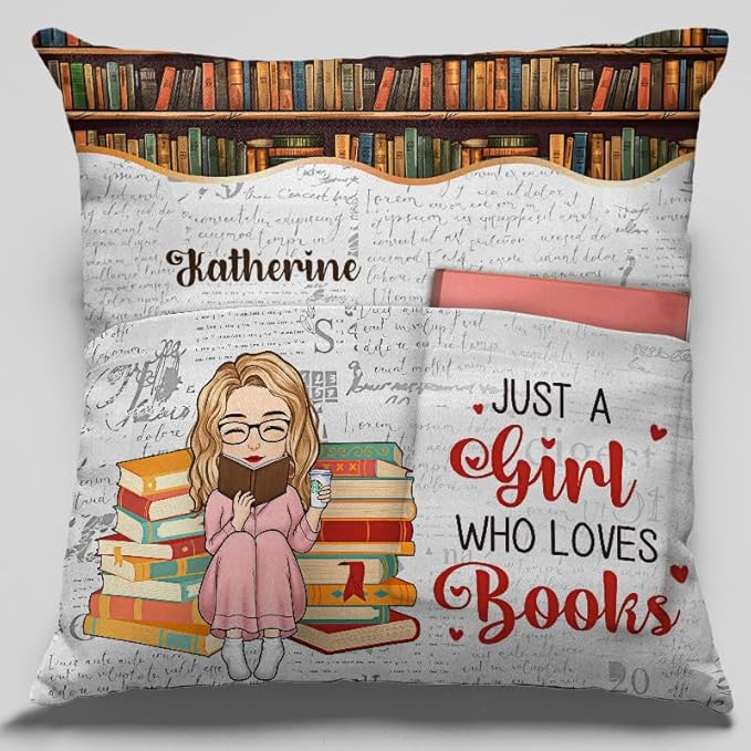 Custom Pocket Pillow, Personalized Bookish Gifts for Book Lovers, Bookworms, Readers, Booknerd, Just A Girl Who Loves Books, Book Club Gifts for Women Readers, Cushion Home Decor Pillow