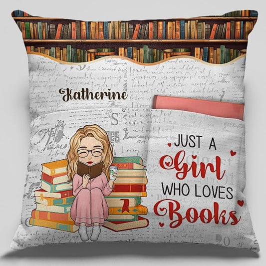 Custom Pocket Pillow, Personalized Bookish Gifts for Book Lovers, Bookworms, Readers, Booknerd, Just A Girl Who Loves Books, Book Club Gifts for Women Readers, Cushion Home Decor Pillow