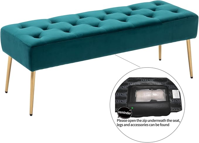 DUHOME Modern Velvet Bench Ottoman, Upholstered Bedroom Benches Footrest Stool Button-Tufted Table Bench Dining Bench with Gold Metal Base for Entryway Dining Room Living Room Bedroom, Atrovirens - Image 6
