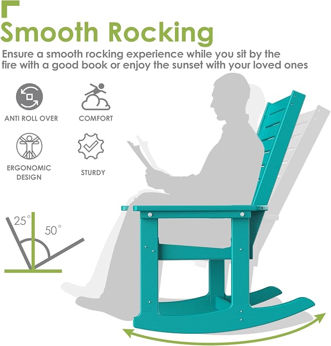 GREENVINES Outdoor Rocking Chairs | Set of 2 | Porch Rocker | HDPE Plastic | Aqua | Oversized Rockers | High Back | Big & Tall | Ladder Back | for Patio Outside Backyard Balcony Garden - Image 4