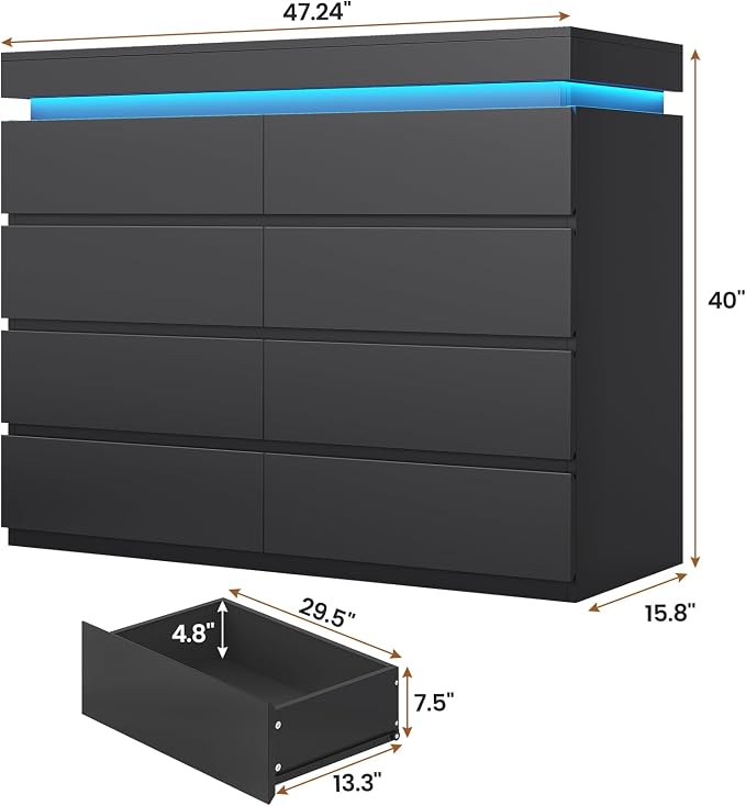 HAUOMS 8 Drawer Dresser with LED Light, Black Modern Chest of Drawers for Bedroom,Closet Dressers with Drawers for Living Room, Entryway, Hallway - Image 2