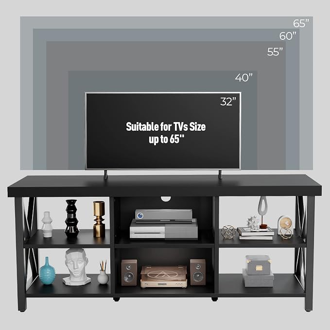 GreenForest TV Stand for TV up to 65 inches, Entertainment Center with 6 Storage Cabinet for Living Room, 55 inch Farmhouse Television Stands Console Table, Industrial TV stands for Living Room, Black - Image 4