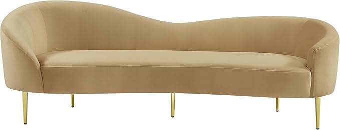 Meridian Furniture 659Camel-S Ritz Collection Modern | Contemporary Upholstered Sofa with Rich Camel Velvet, Gold Metal Legs, Curved Contemporary Design, 85.5" W x 31.75" D x 30.5" H, Camel