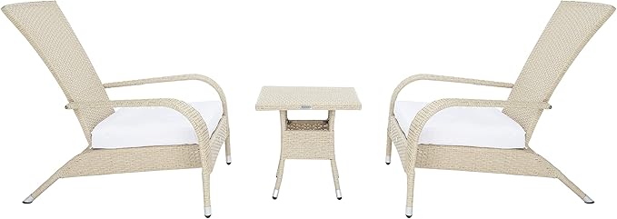 SAFAVIEH Outdoor Patio Furniture Collection Edna 3-Piece Lounge Set with Beige Faux Rattan Armchairs, Cushions & Side Table, Conversation Seating (PAT7719B)