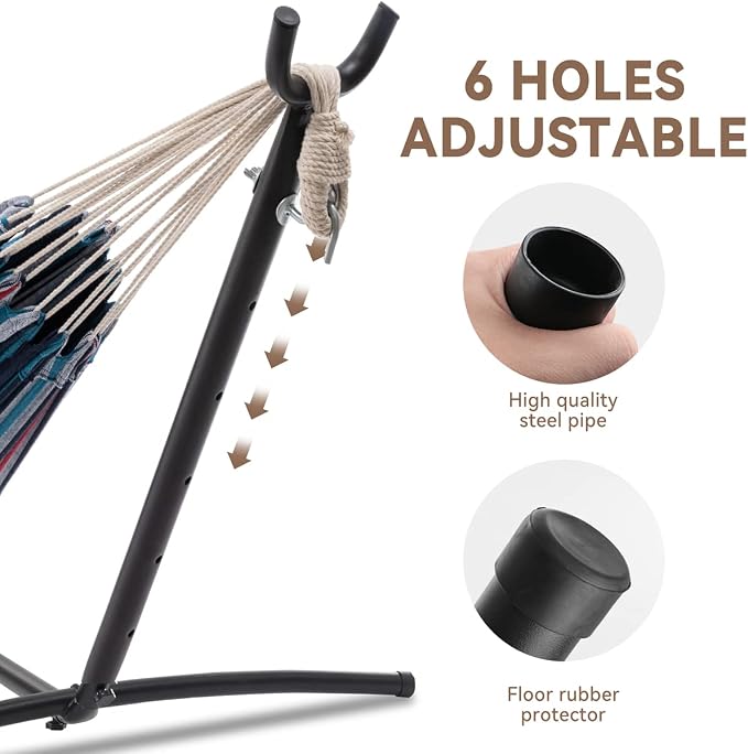 PNAEUT Double Hammocks with Stand for Outside, Portable Space Saving Heavy-Duty Steel Stand for Indoor Outdoor Patio with Carrying Bag, 450 lbs Capacity (Denim) - Image 2