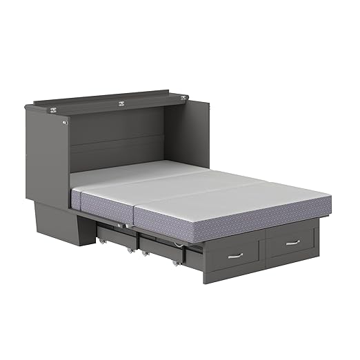 AFI, Chelsea Mid-Century Modern Full Wood Murphy Bed Chest with 6" Mattress, Storage Drawer & Built-in USB Charger, Grey