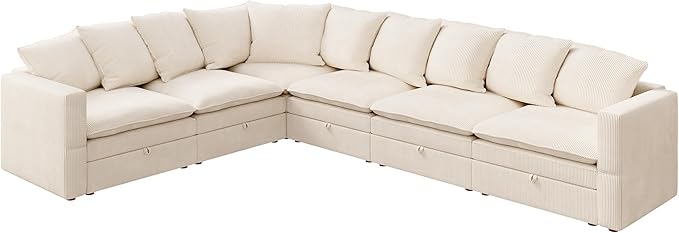 HONBAY Modular Sectional Sofa, 6 Seaters Corduroy Sectional Couch, L Shaped Couch with Storage & Pillows, Beige