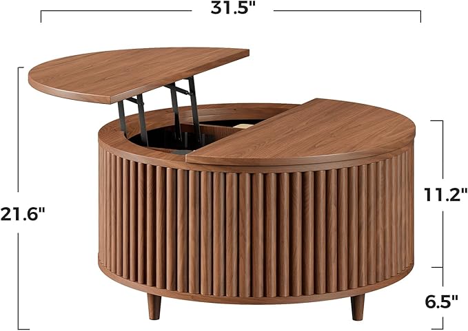 Evermagin 31.5'' Walnut Round Coffee Table, Fluted Lift Top Coffee Table with Large Storage, Mid Century Modern Small Center Table for Living Room