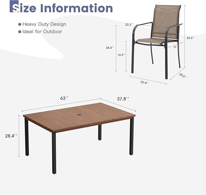 VICLLAX 7 Pieces Patio Dining Set, Patio Furniture Set of 6 Patio Stackable Dining Chairs and Outdoor Metal Table with Umbrella Hole for Backyard Lawn Garden, Brown Chairs and Walnut Table - Image 7