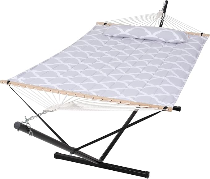 SUNCREAT Double Hammock, Extra Large Quilted Fabric Swing with Hardwood Spreader Bars & Detachable Pillow, Heavy Duty, Perfect for Indoor/Outdoor Patio, Deck, Yard, Gray Cloud by SUNCREAT