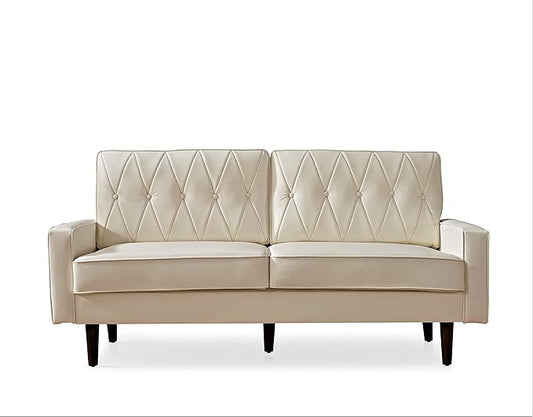 Container Furniture Modern Style Faux Leather Sofa with Elegant Round Tapered Legs and Button Tufted Backrest Perfect for Living Room, Bedroom or Home Office, 69.3’’ Wide, White