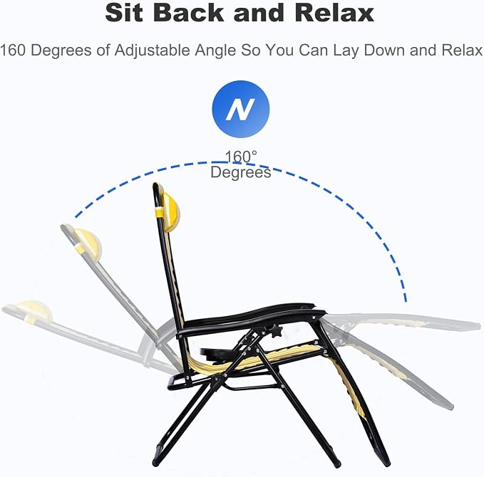 Nazhura Set of 2 Relaxing Recliners Patio Chairs Adjustable Steel Mesh Zero Gravity Lounge Chair Beach Chairs with Pillow and Cup Holder (Yellow Stripe) - Image 4