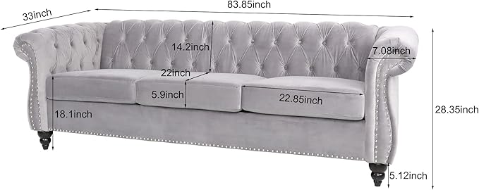 LEVNARY Three-Seat Velvet Sofa, Large Sofa Classic Tufted Chesterfield Settee Modern 3 Seater Couch Furniture with Tufted Back for Living Room, Dark Grey