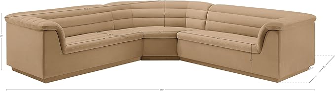 Meridian Furniture 194Camel-Sectional Cascade Collection Modern | Contemporary Modular Sectional with Soft Camel Velvet Fabric, Deep Channel Tufting, Curved Arms, 148" W x 80" D x 28" H, Camel
