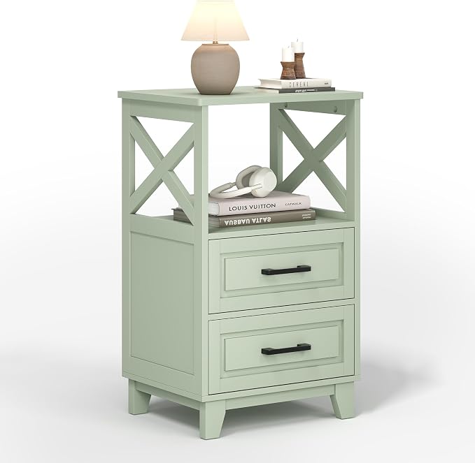 RoyalCraft 30" Tall Nightstand, Modern Painted Bedside Table with 2 Drawers and Open Shelf, Wood Side Table for Bedroom, Home Office, Green-Open Shelf Above, Set of 1 - Image 9