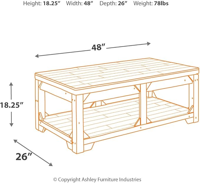 Signature Design by Ashley Fregine Farmhouse Rectangular Lift Top Coffee Table with Floor Shelf, Whitewash with Weathered Finish