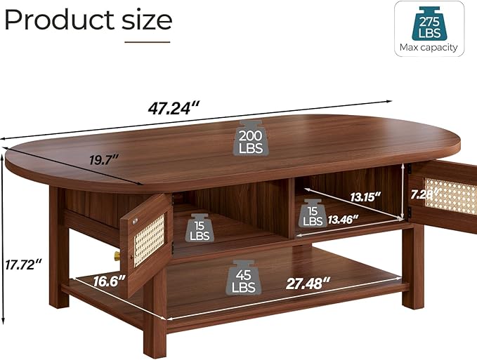 LVB Rattan Coffee Table, Boho Wood Living Room Table with Storage, Oval Modern 2-Tier Cocktail Tea Table with Doors & Open Shelf, Farmhouse Vintage Center Tables for Bedroom Office, Walnut, 47Inch