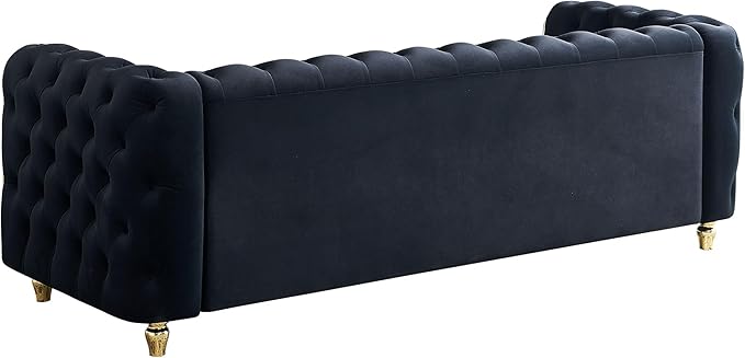 KEIKI 86" Chesterfield Velvet Button Tufted Sofa with High Density Foam Cushions and 2 Toss Pillows, Modern Style 3-Seater Couch with Gold Strip Trim Decoration, Easy Assembly, for Living Room, Black