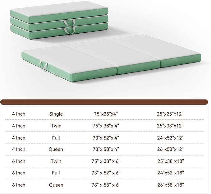ROXGOX Memory Foam Trifold Mattress, Queen Portable Floor Bed 4 Inch, Foldable Mat with Washable Cover, Handle & Non-Slip Bottom, for RV, Travel, Camping, Yoga, 78"x58"x4", White Green
