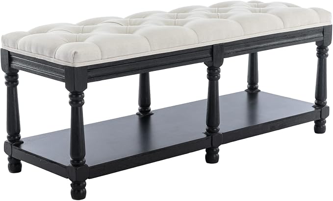 DUOMAY Mid-Century Tufted Storage Bench with Shelf, Linen Upholstered Farmhouse Entryway Shoe Bench Ottoman Bed End Stool for Bedroom Living Room Dining Room, Black Wood Frame, White by DUOMAY