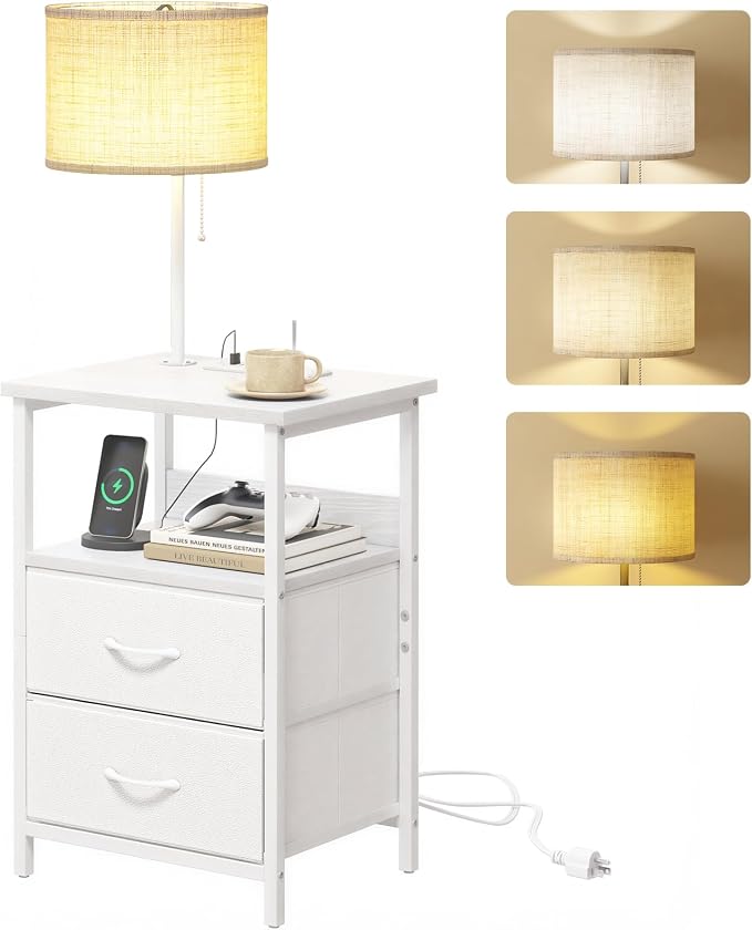 Fixwal Night Stand with 3 Color Temperature Bulb Attached, Nightstand with Light & Charging Station End Table with Fabric Drawer for Bedroom, Dorm, White by Fixwal