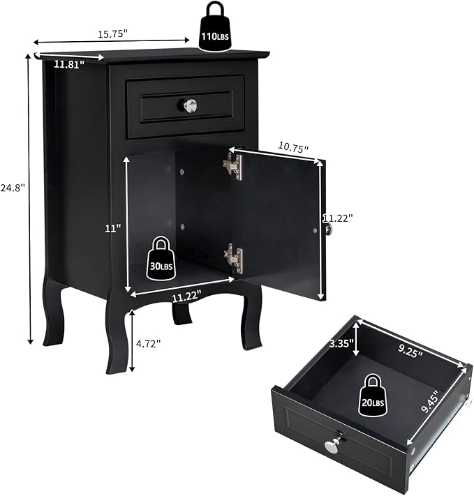 Karl home Black Nightstand Set of 2,Modern Bedside Tables with Drawer & Door, Side Tables,End Table for Bedroom,Home Office - Image 3