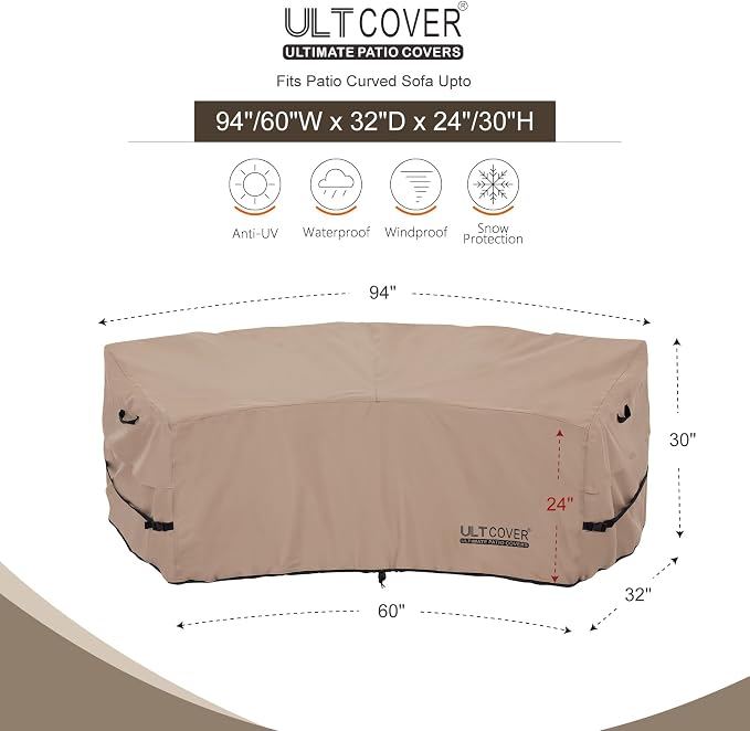 ULTCOVER Patio Curved Sofa Cover Waterproof for 2-3 Seater Outdoor Sectional Furniture Couch 94"(Back Arc Length) / 60"(Front Arc Length) x 32"(Deep) - Image 2